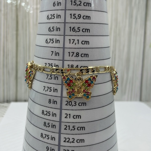 14K Gold Plated Virgin of Guadalupe butterfly bracelet with colored rhinestones - Picture 7 of 11